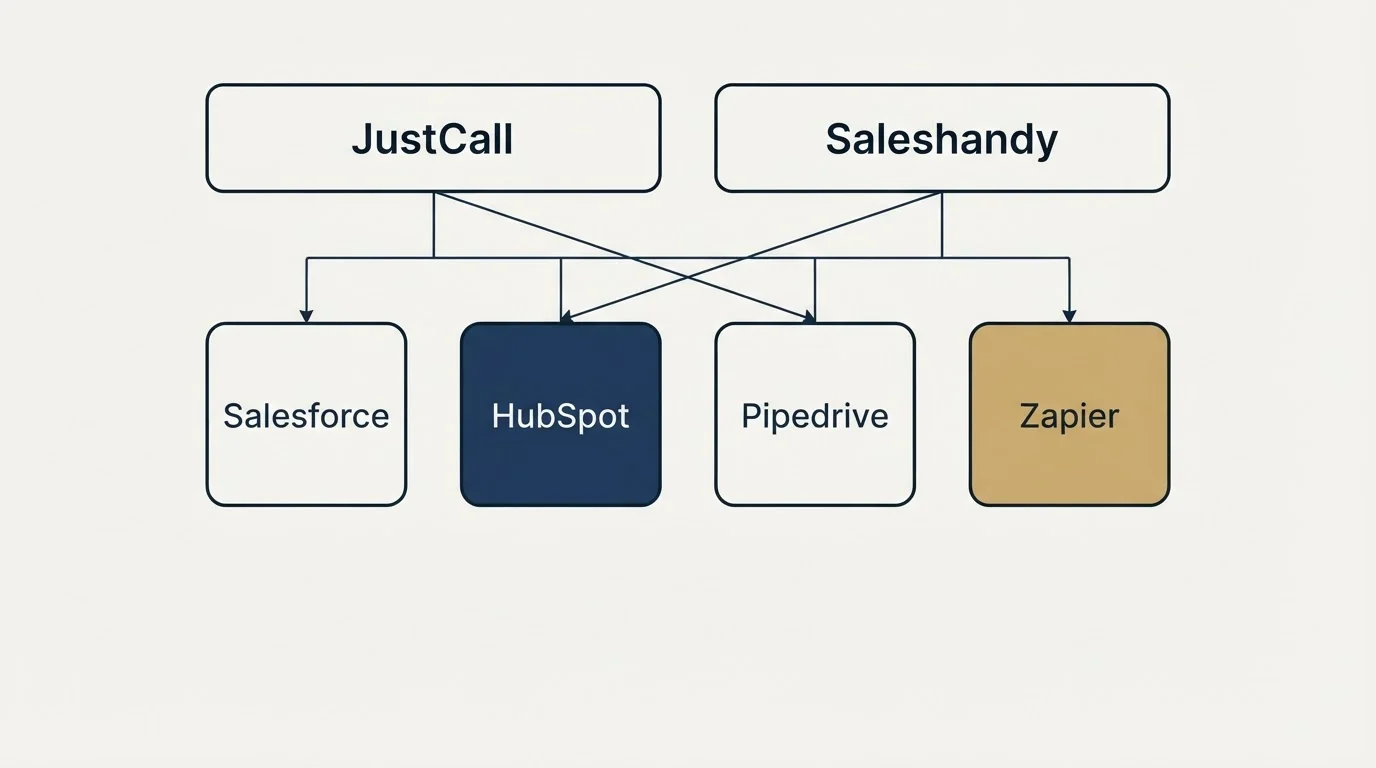 Integration grid: Integration Ecosystem (JustCall, Saleshandy, Salesforce, HubSpot)