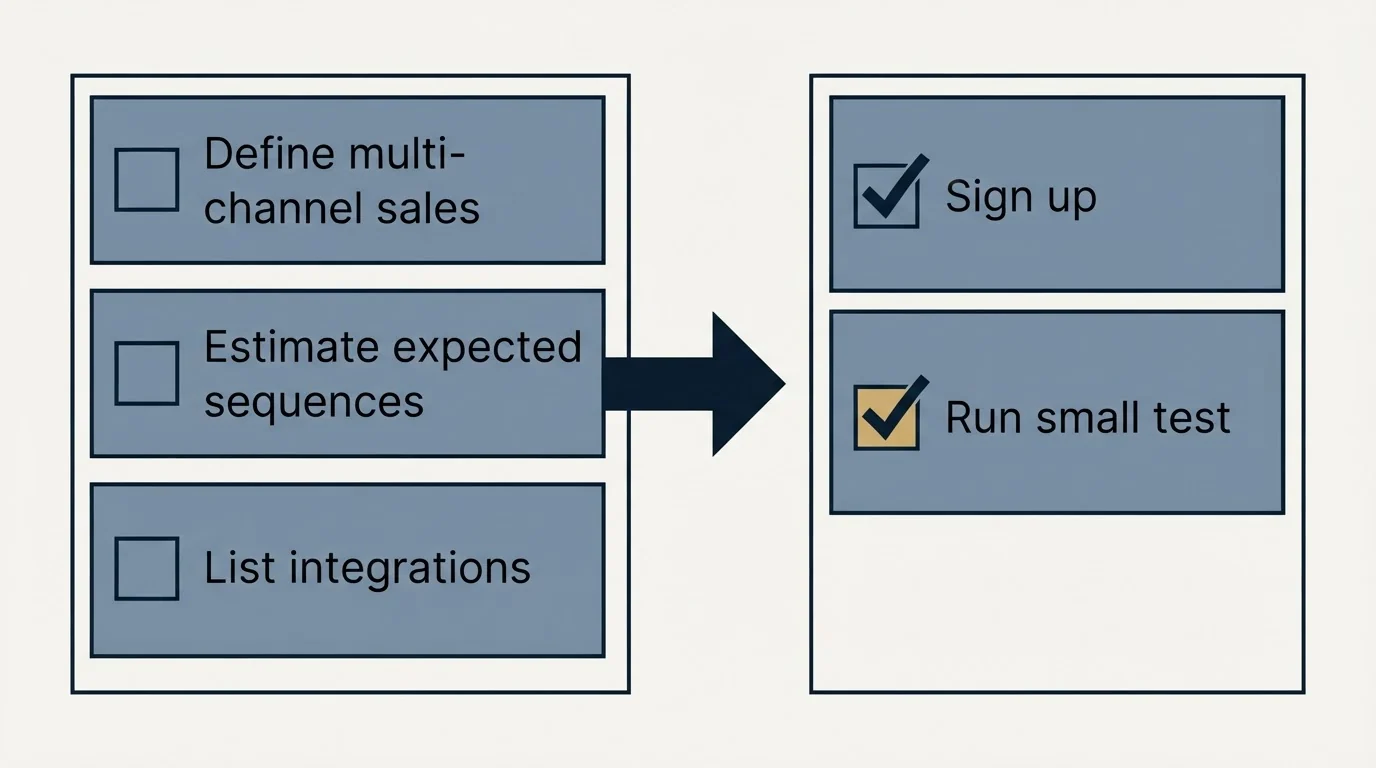 Before-and-after steps: Getting Started Checklist (Define multi-channel sales, Estimate expected sequences, List integrations, Sign up)