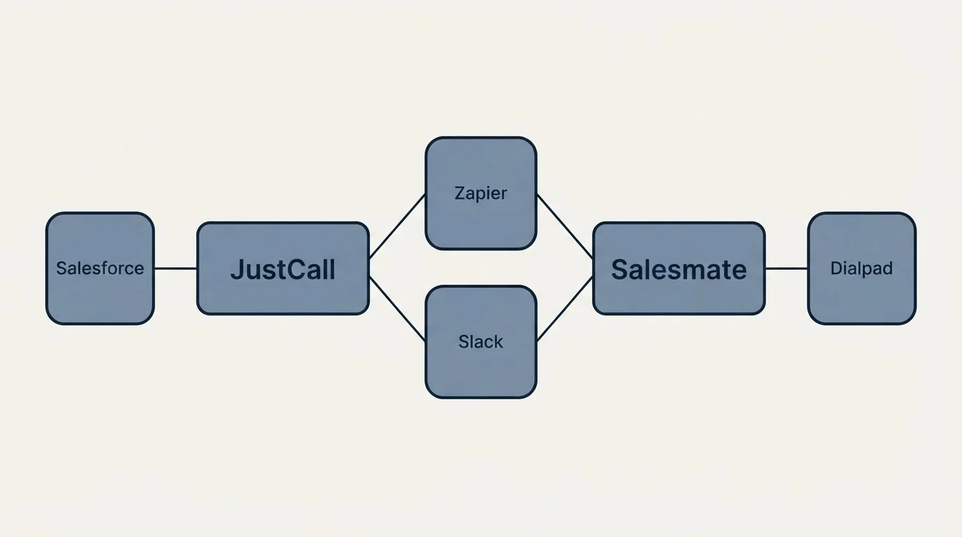 Integration schematic: Integration Ecosystem (JustCall, Salesmate, Zapier, Slack)