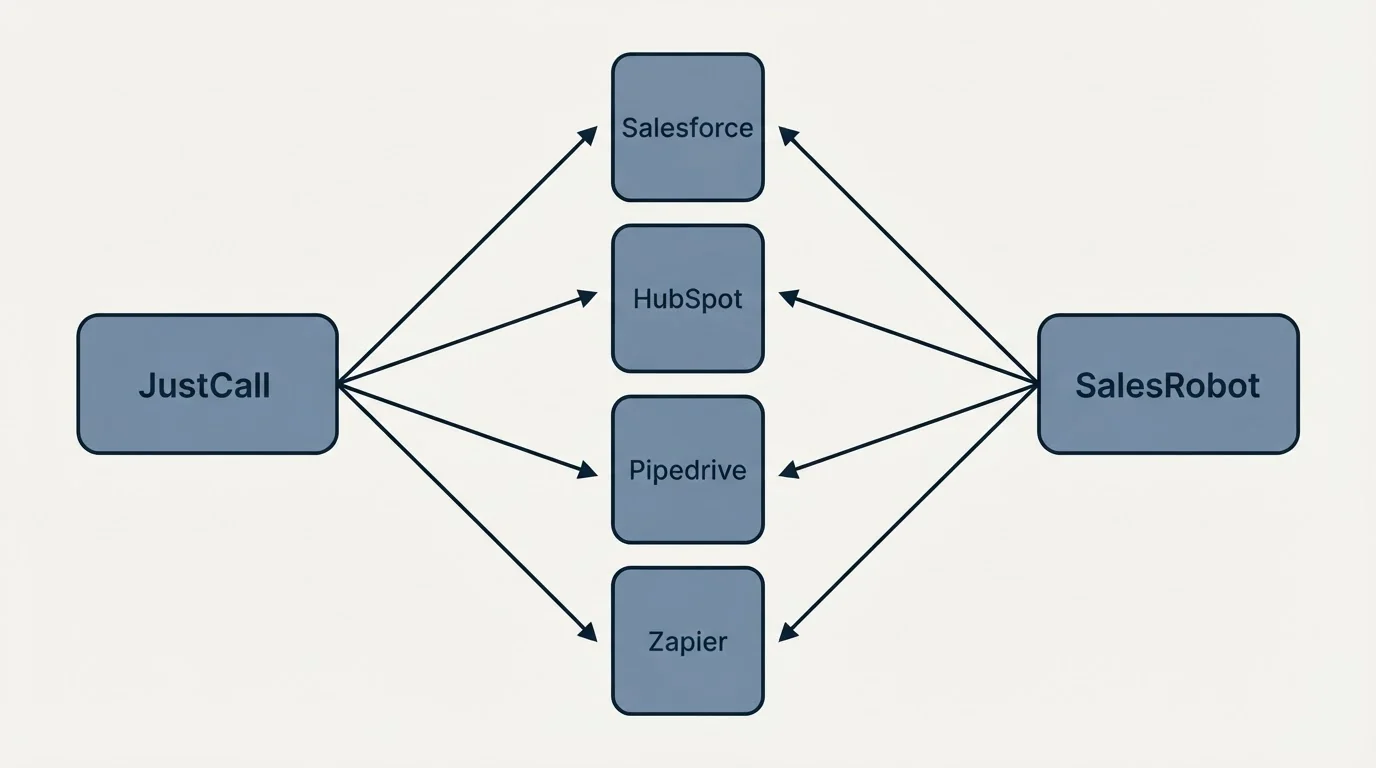 Integration flow: Integration Ecosystem (JustCall, SalesRobot, Salesforce, HubSpot)