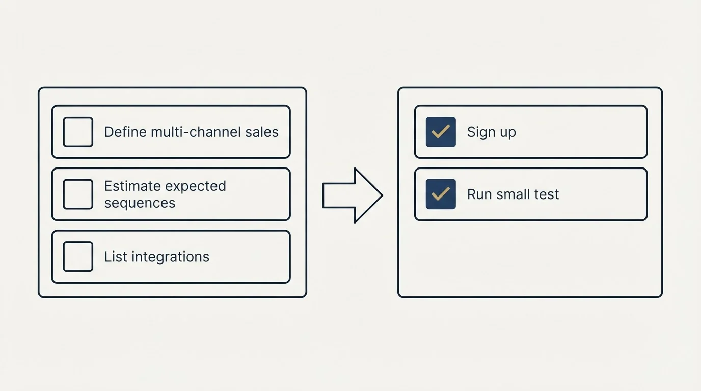 Before-and-after steps: Getting Started Checklist (Define multi-channel sales, Estimate expected sequences, List integrations, Sign up)
