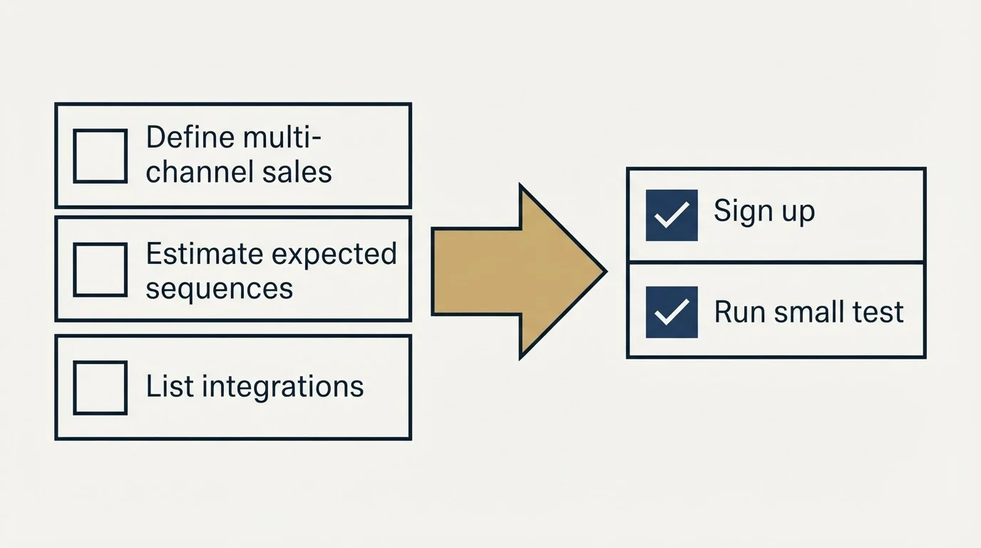 Before-and-after steps: Getting Started Checklist (Define multi-channel sales, Estimate expected sequences, List integrations, Sign up)