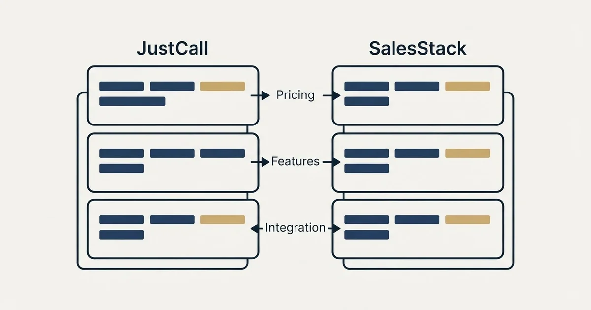 Comparison panel: JustCall vs SalesStack (Pricing, Features, Integration)