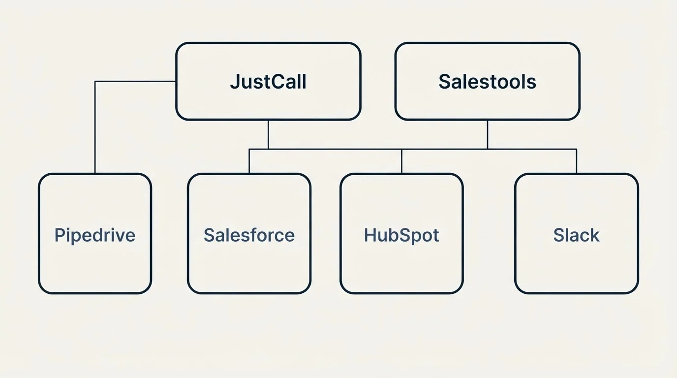 Integration grid: Integration Ecosystem (JustCall, Salestools, Salesforce, HubSpot)