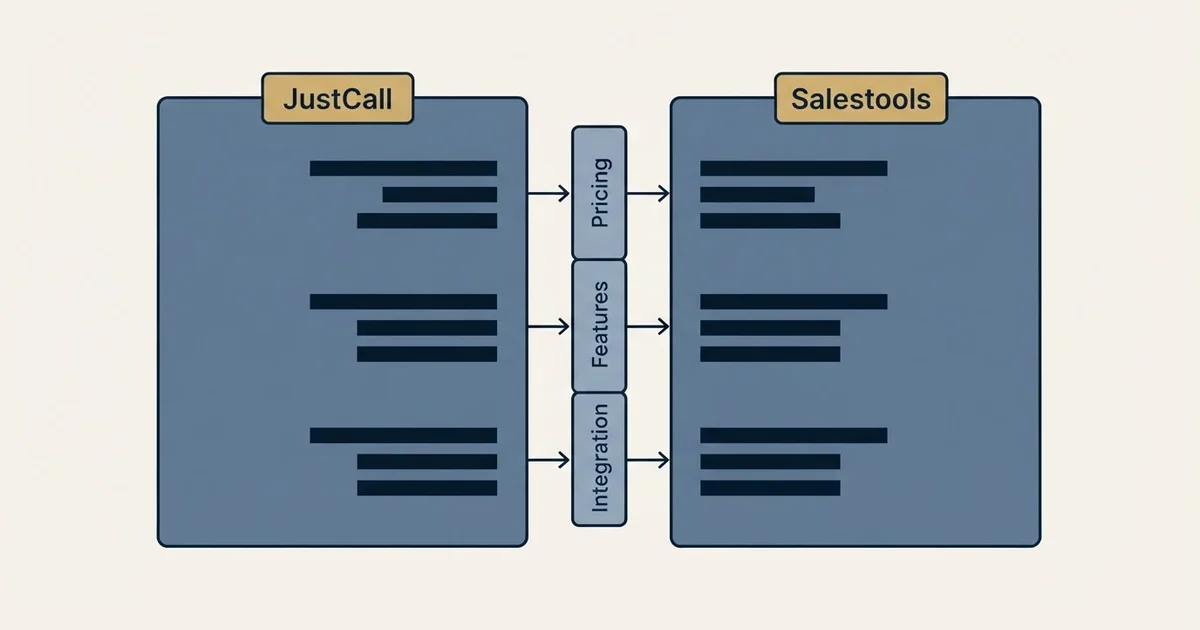 Comparison panel: JustCall vs Salestools (Pricing, Features, Integration)