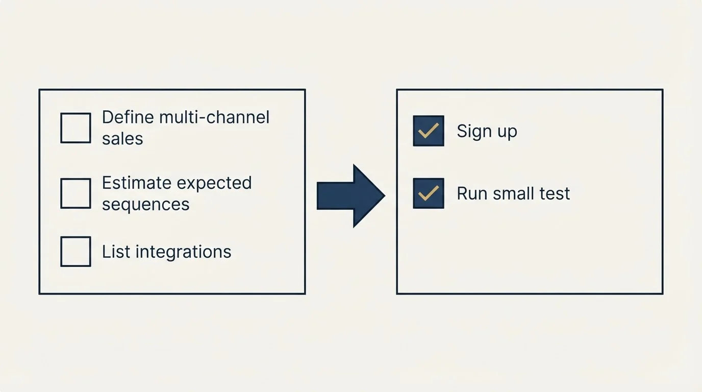 Before-and-after steps: Getting Started Checklist (Define multi-channel sales, Estimate expected sequences, List integrations, Sign up)