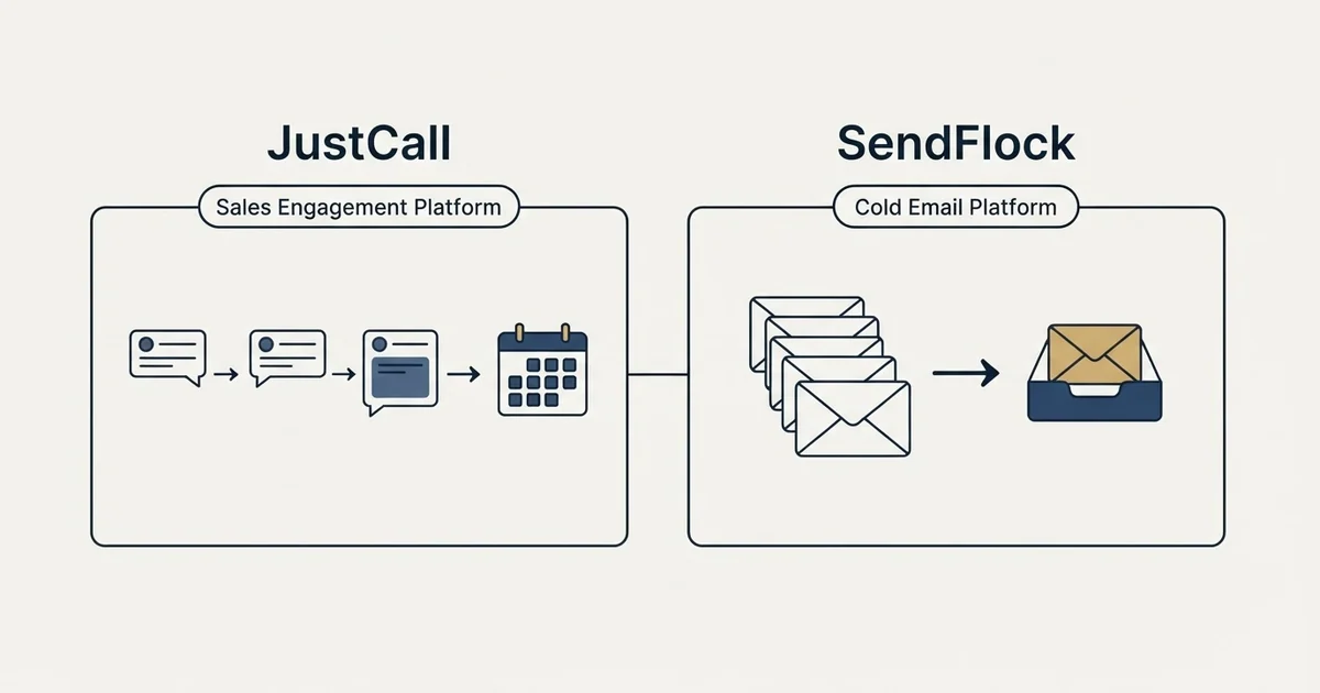 Side-by-side panels: JustCall vs SendFlock (Sales Engagement Platform, Cold Email Platform)