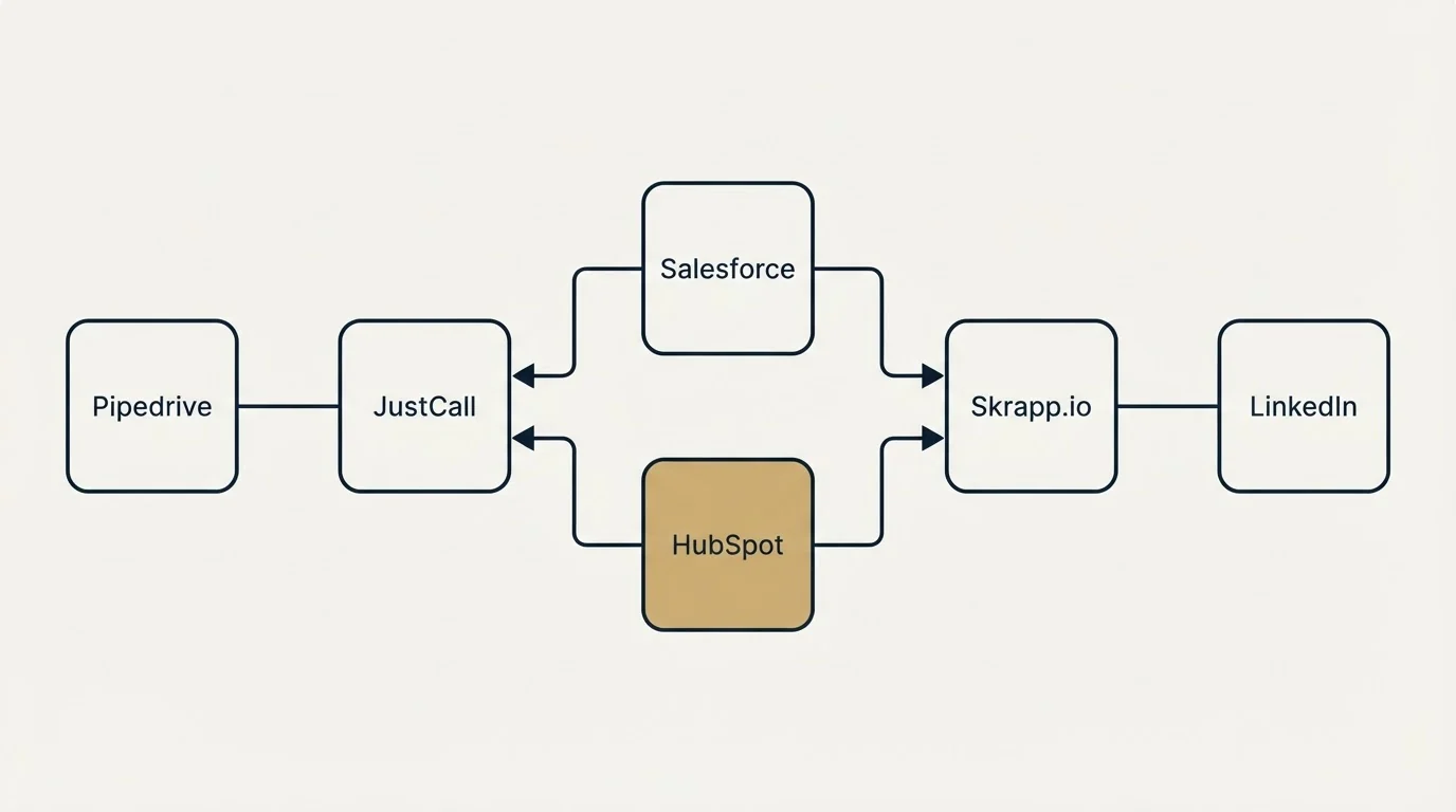 Integration flow: Integration Ecosystem (JustCall, Skrapp.io, Salesforce, HubSpot)