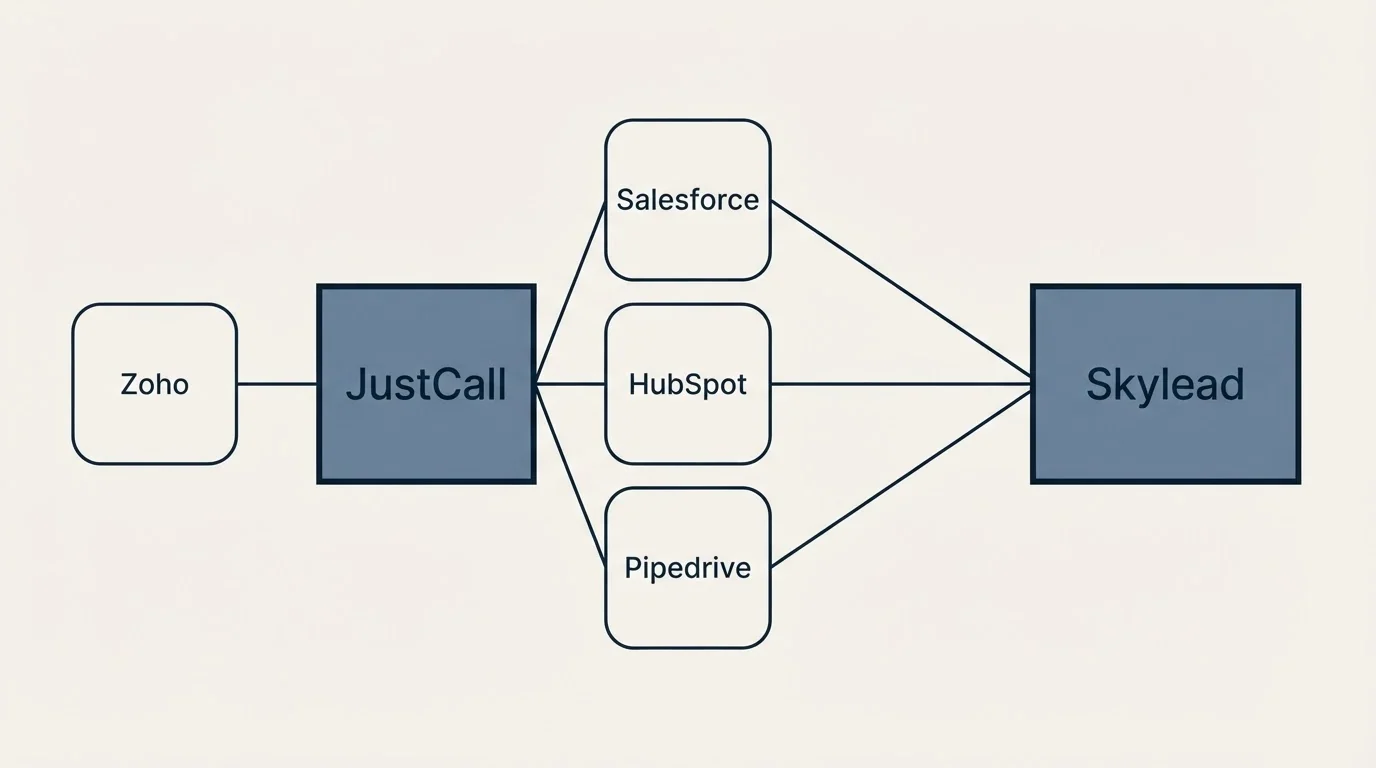 Integration schematic: Integration Ecosystem (JustCall, Skylead, Salesforce, HubSpot)
