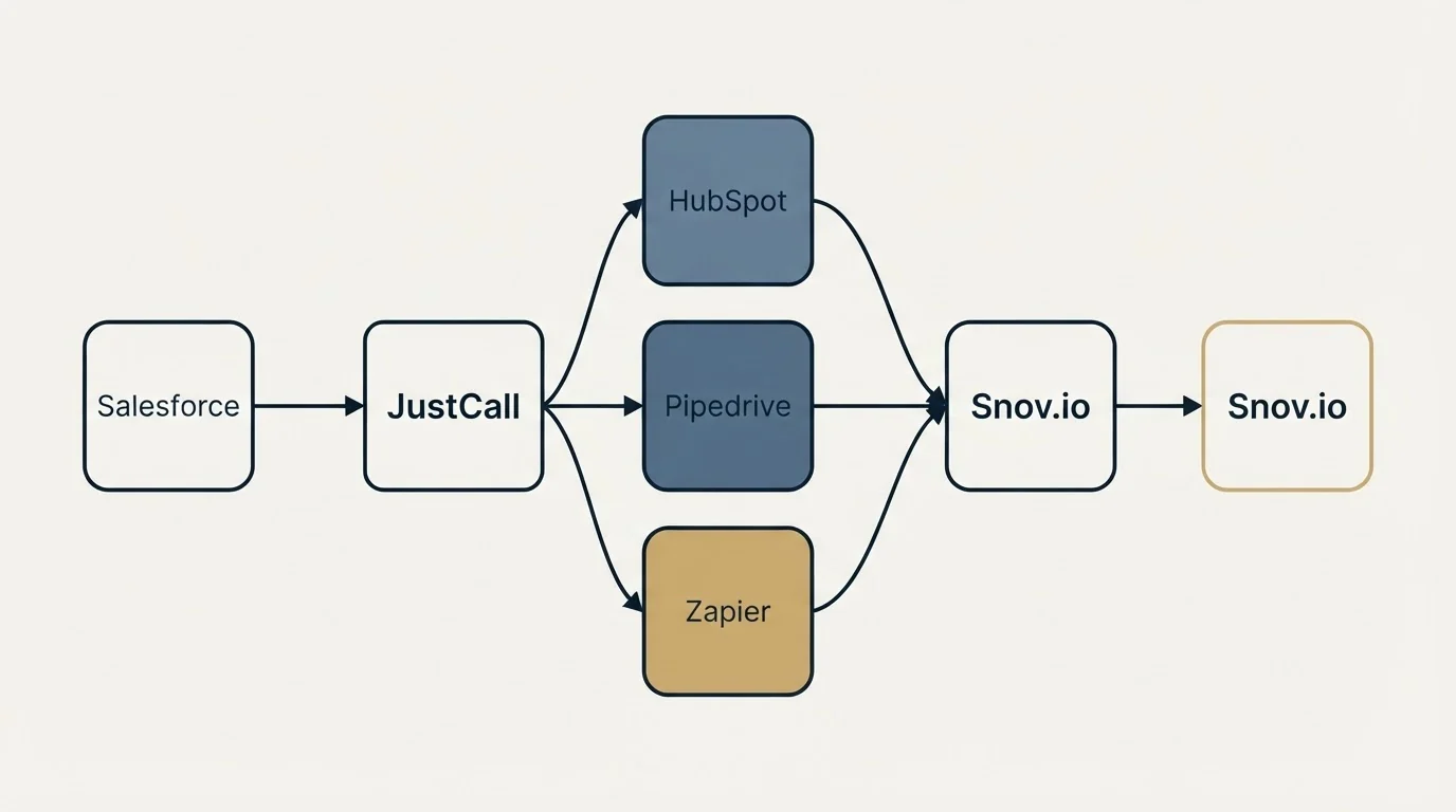 Integration schematic: Integration Ecosystem (JustCall, Snov.io, HubSpot, Pipedrive)