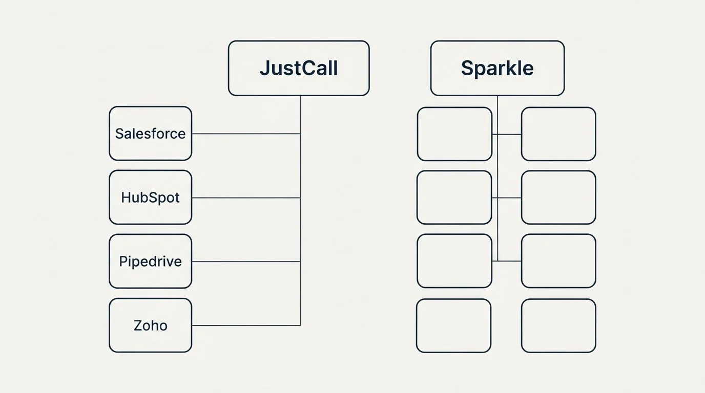 Integration grid: Integration Ecosystem (JustCall, Sparkle, Salesforce, HubSpot)