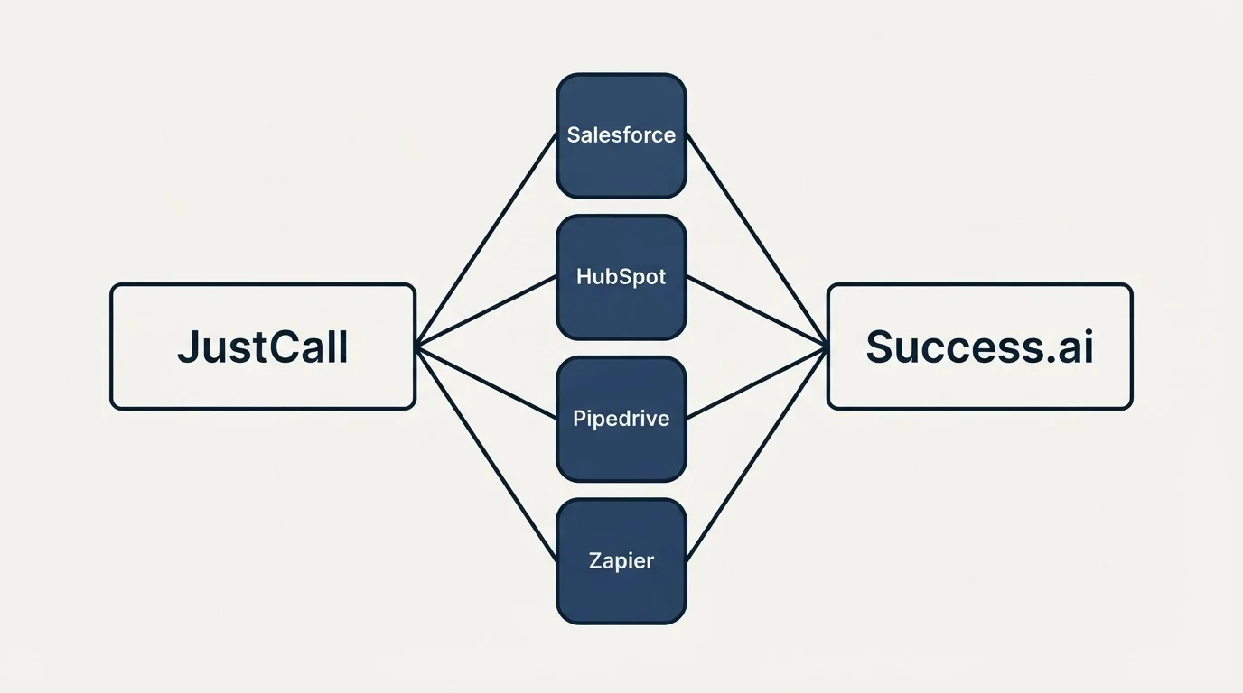 Integration schematic: Integration Ecosystem (JustCall, Success.ai, Salesforce, HubSpot)