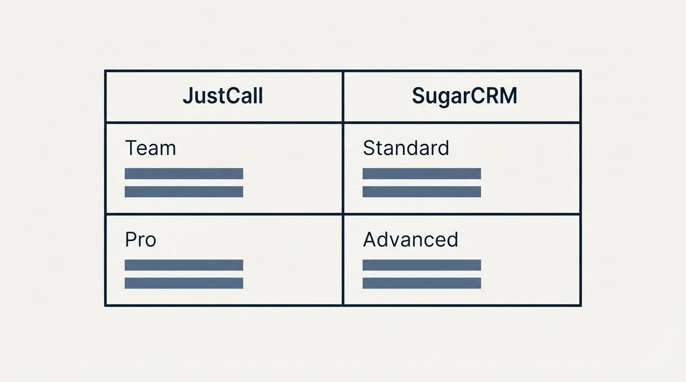 Pricing table: Pricing Comparison (JustCall, SugarCRM, Team, Standard)