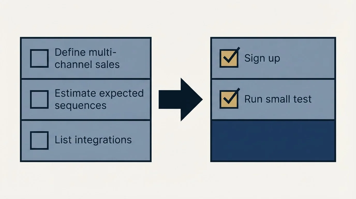 Before-and-after steps: Getting Started Checklist (Define multi-channel sales, Estimate expected sequences, List integrations, Sign up)