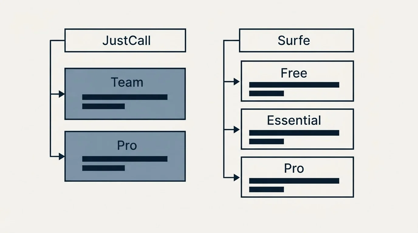 Pricing table: Pricing Comparison (JustCall, Surfe, Team, Free)