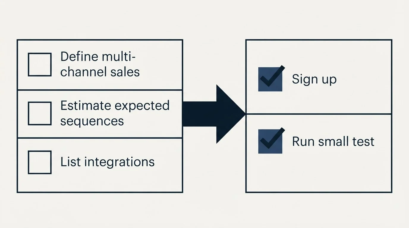 Before-and-after steps: Getting Started Checklist (Define multi-channel sales, Estimate expected sequences, List integrations, Sign up)