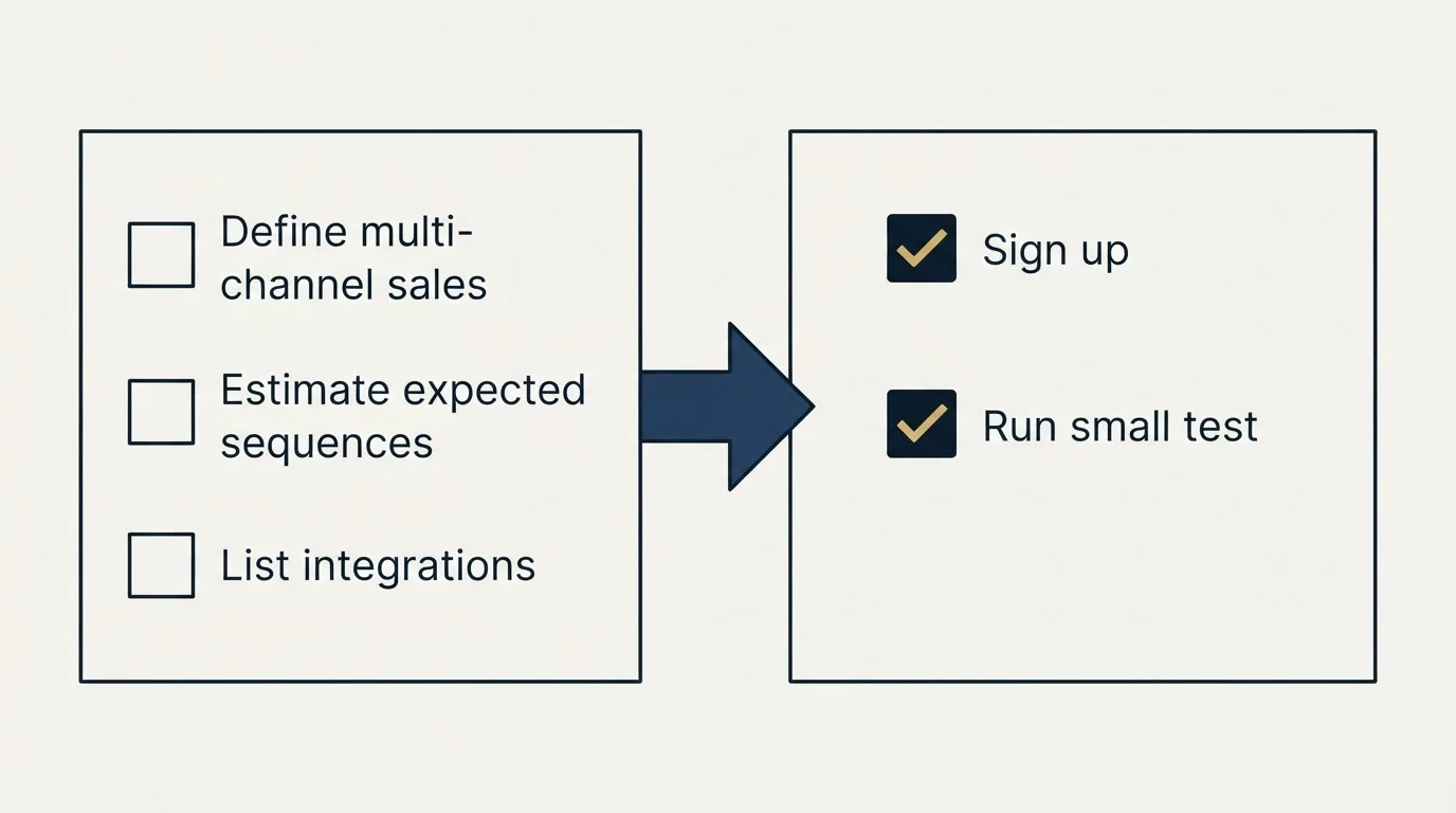 Before-and-after steps: Getting Started Checklist (Define multi-channel sales, Estimate expected sequences, List integrations, Sign up)