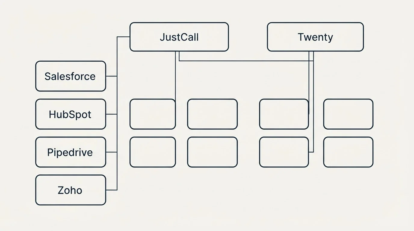 Integration grid: Integration Ecosystem (JustCall, Twenty, Salesforce, HubSpot)