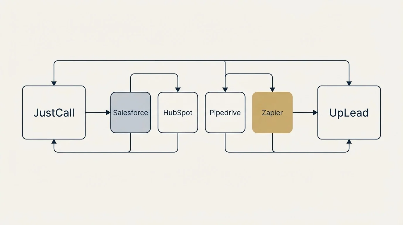 Integration schematic: Integration Ecosystem (JustCall, UpLead, Salesforce, HubSpot)
