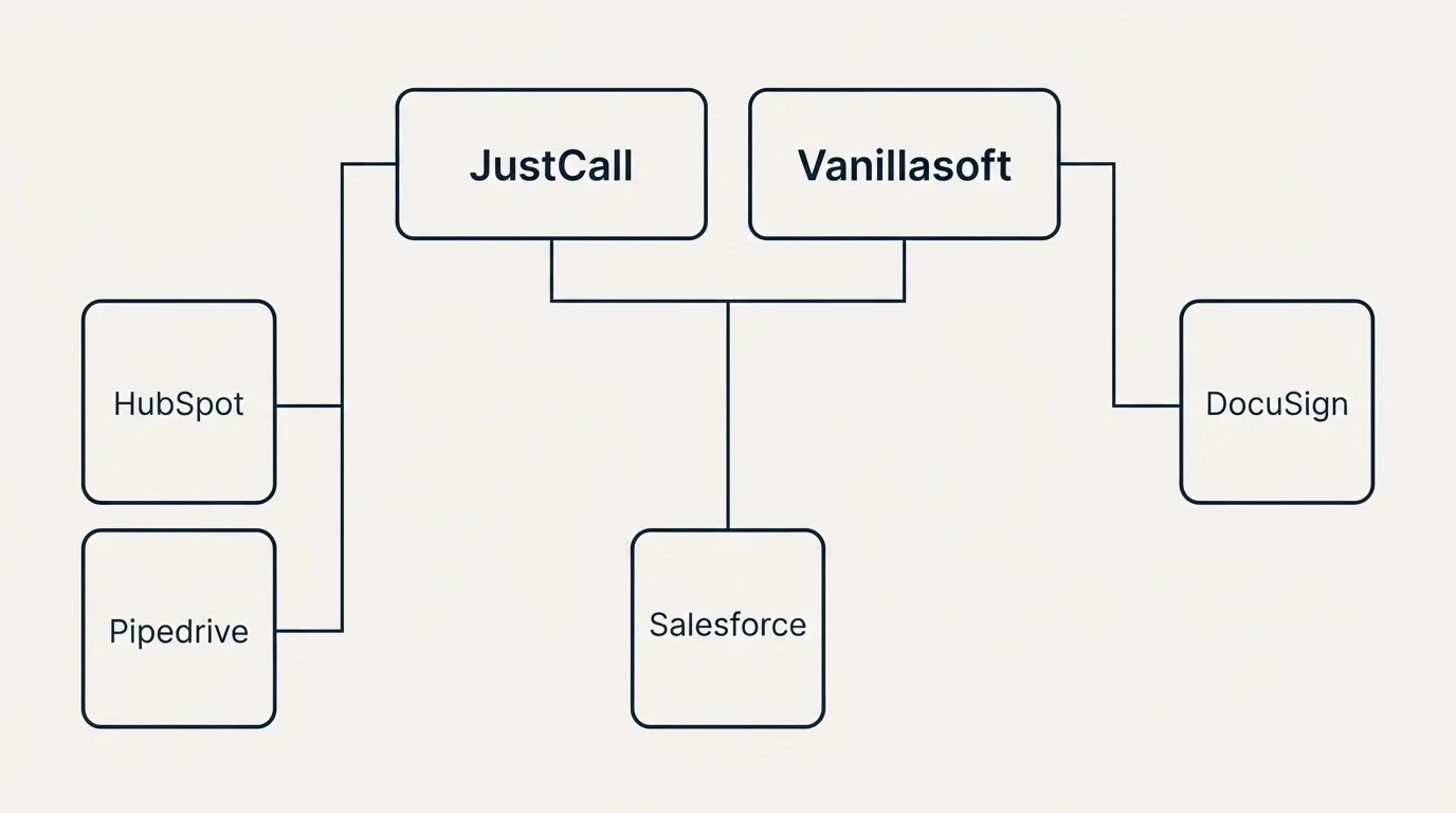 Integration grid: Integration Ecosystem (JustCall, Vanillasoft, Salesforce, HubSpot)