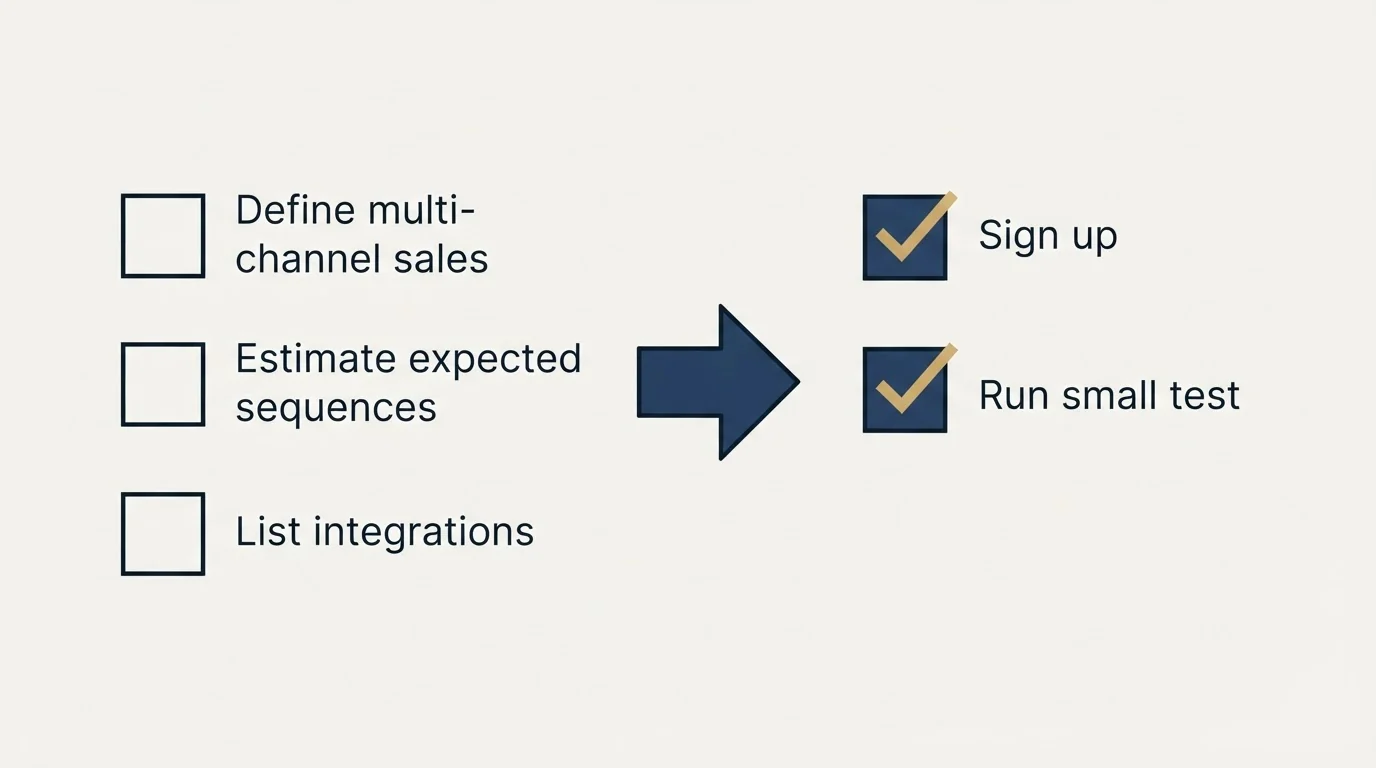 Before-and-after steps: Getting Started Checklist (Define multi-channel sales, Estimate expected sequences, List integrations, Sign up)