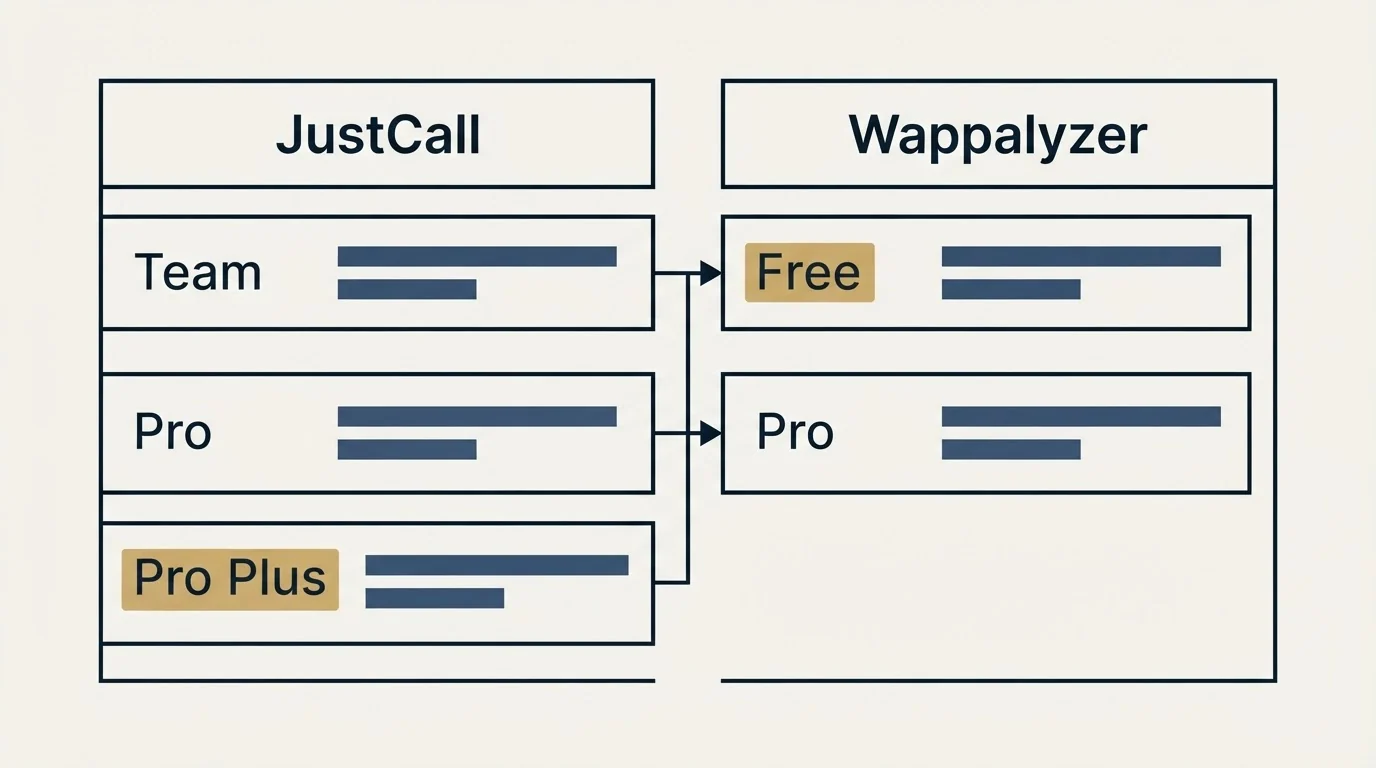 Pricing table: Pricing Comparison (JustCall, Wappalyzer, Team, Free)