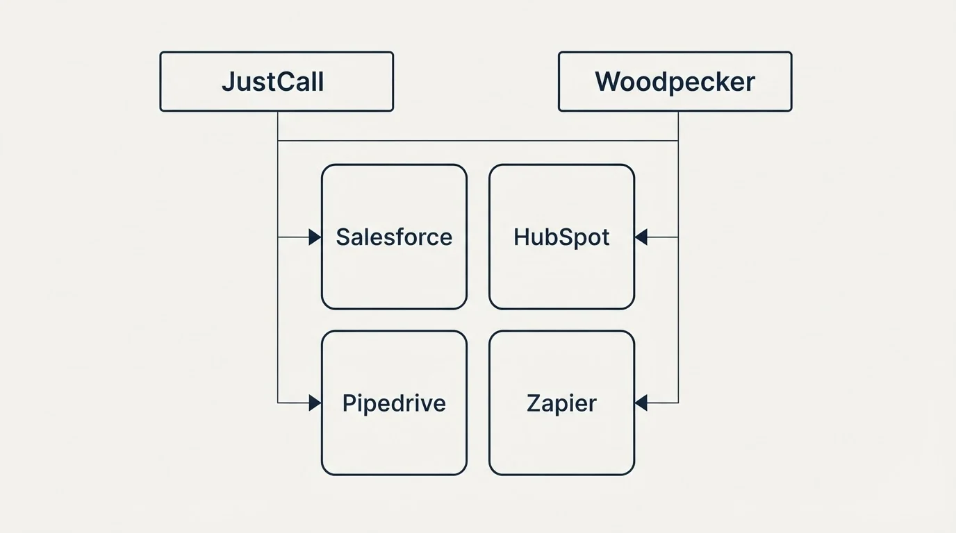 Integration grid: Integration Ecosystem (JustCall, Woodpecker, Salesforce, HubSpot)