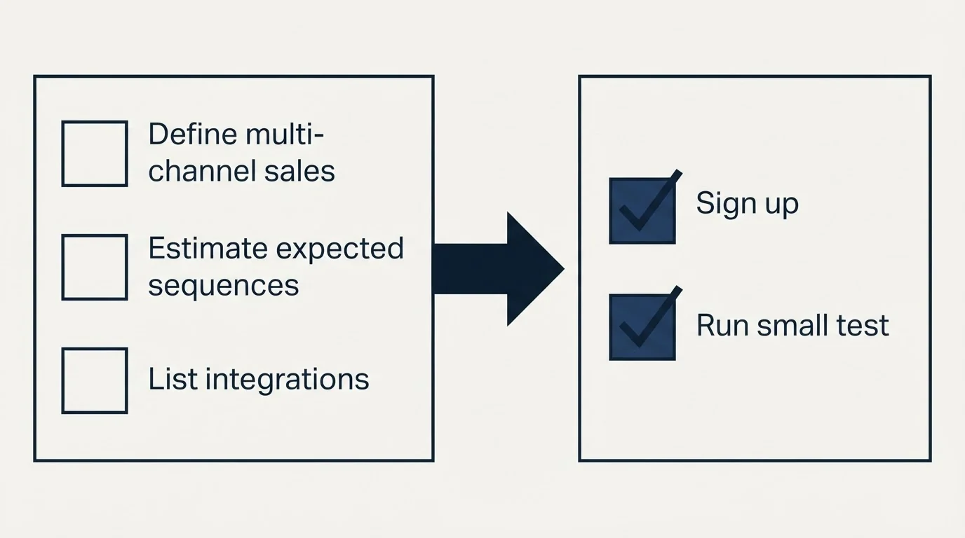 Before-and-after steps: Getting Started Checklist (Define multi-channel sales, Estimate expected sequences, List integrations, Sign up)