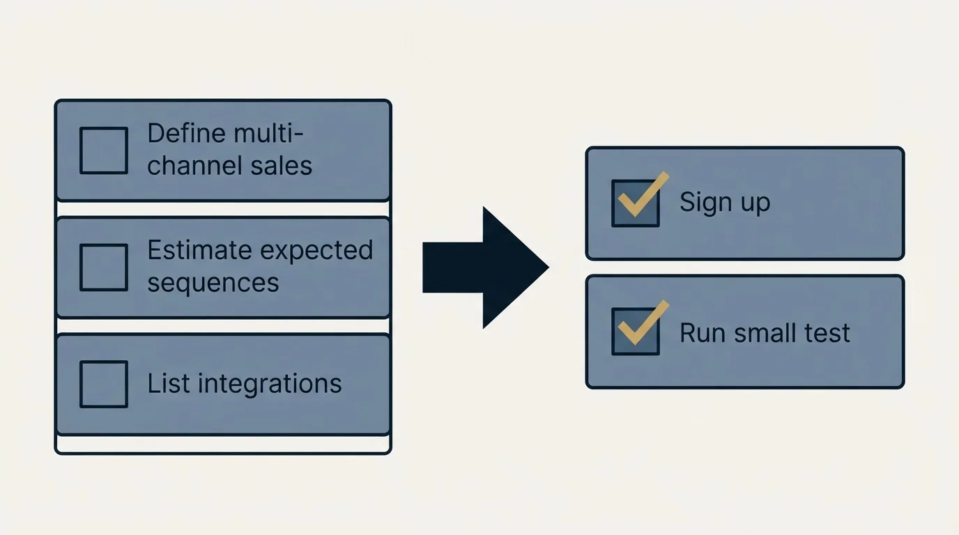 Before-and-after steps: Getting Started Checklist (Define multi-channel sales, Estimate expected sequences, List integrations, Sign up)