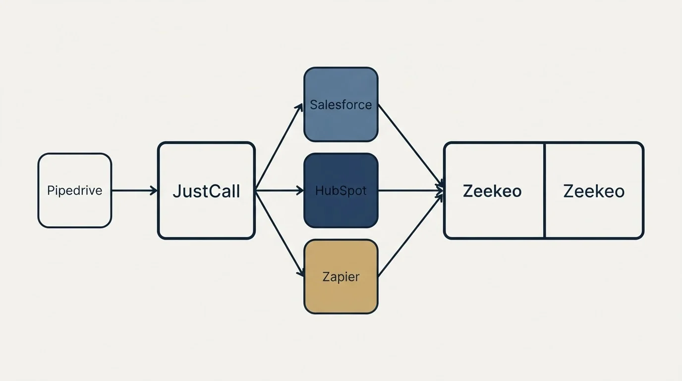 Integration schematic: Integration Ecosystem (JustCall, Zeekeo, Salesforce, HubSpot)