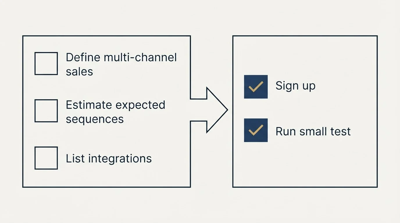 Before-and-after steps: Getting Started Checklist (Define multi-channel sales, Estimate expected sequences, List integrations, Sign up)