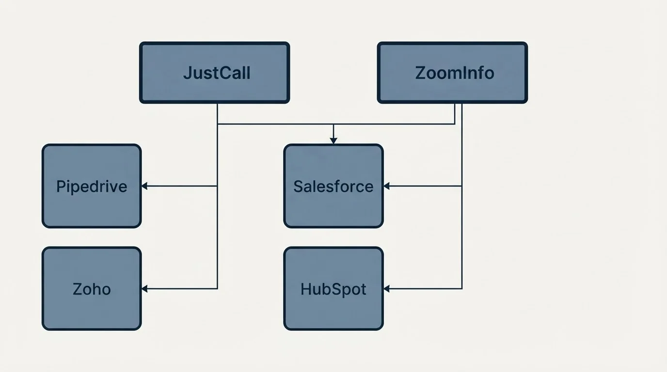 Integration grid: Integration Ecosystem (JustCall, ZoomInfo, Salesforce, HubSpot)