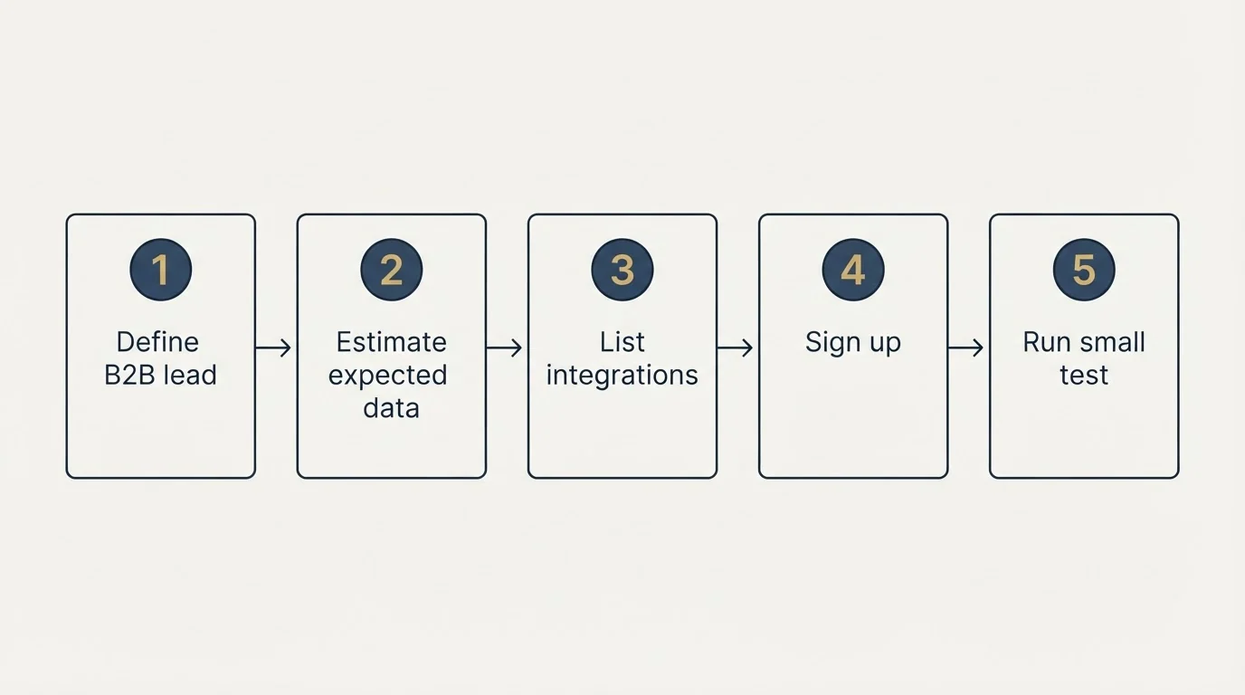 Step sequence: Getting Started Checklist (Define B2B lead, Estimate expected data, List integrations, Sign up)