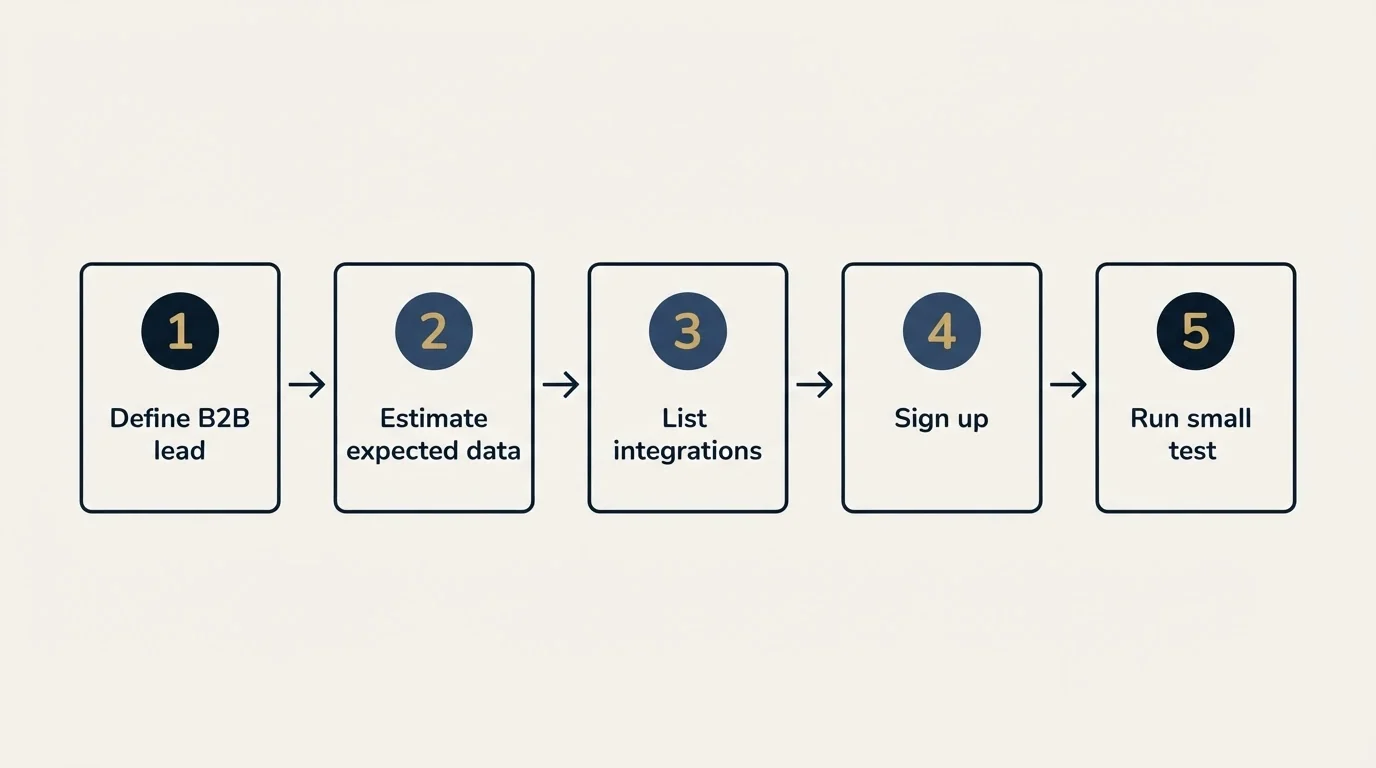 Step sequence: Getting Started Checklist (Define B2B lead, Estimate expected data, List integrations, Sign up)