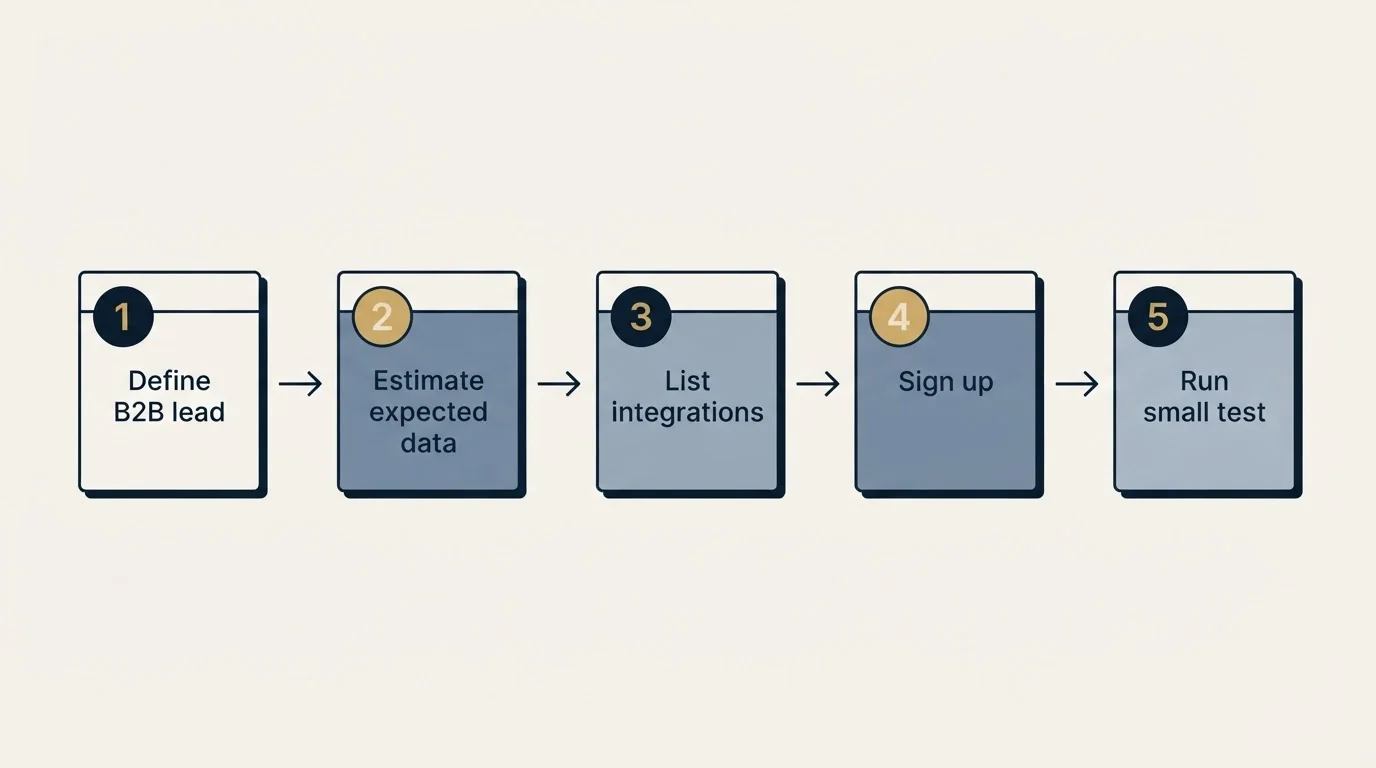 Step sequence: Getting Started Checklist (Define B2B lead, Estimate expected data, List integrations, Sign up)