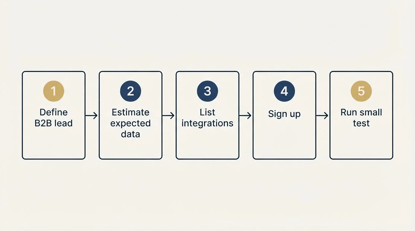 Step sequence: Getting Started Checklist (Define B2B lead, Estimate expected data, List integrations, Sign up)
