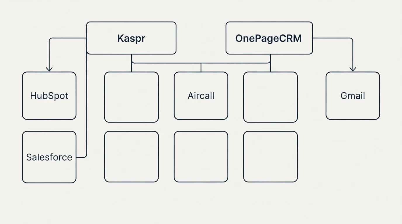 Integration grid: Integration Ecosystem (Kaspr, OnePageCRM, Aircall, HubSpot)