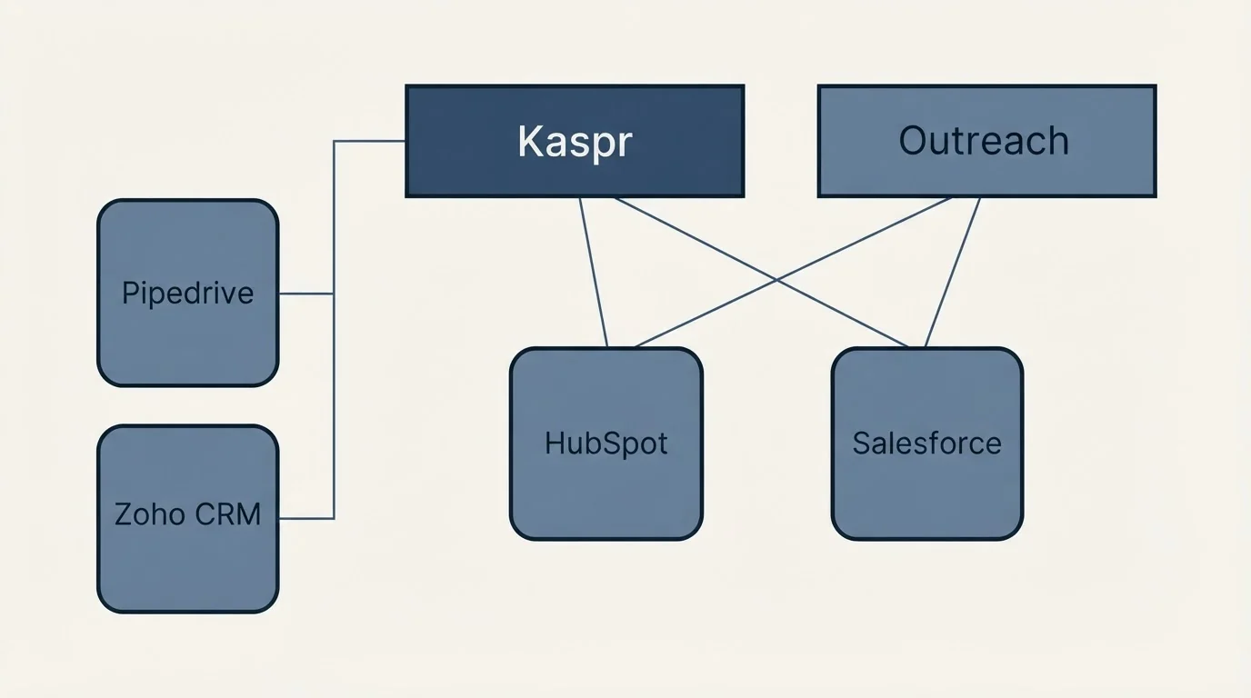 Integration grid: Integration Ecosystem (Kaspr, Outreach, HubSpot, Salesforce)