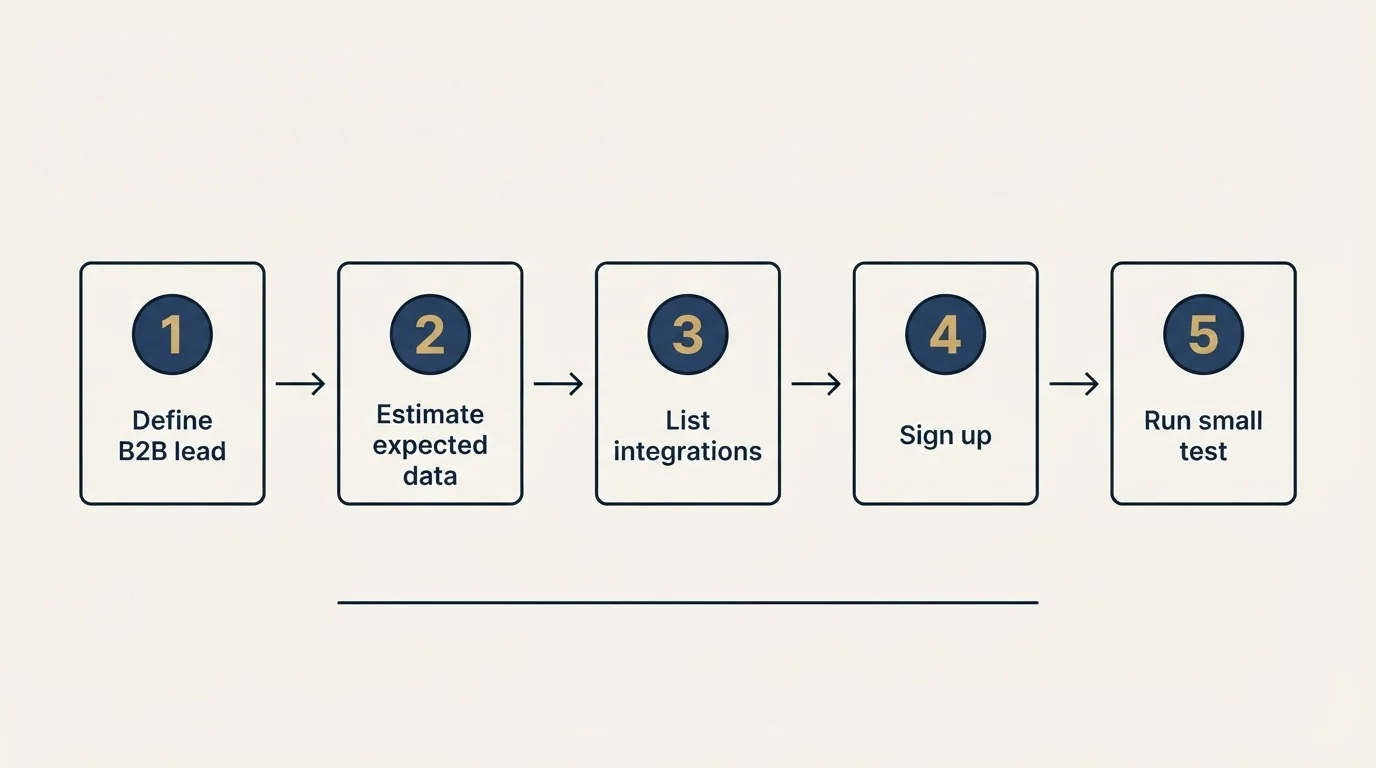 Step sequence: Getting Started Checklist (Define B2B lead, Estimate expected data, List integrations, Sign up)
