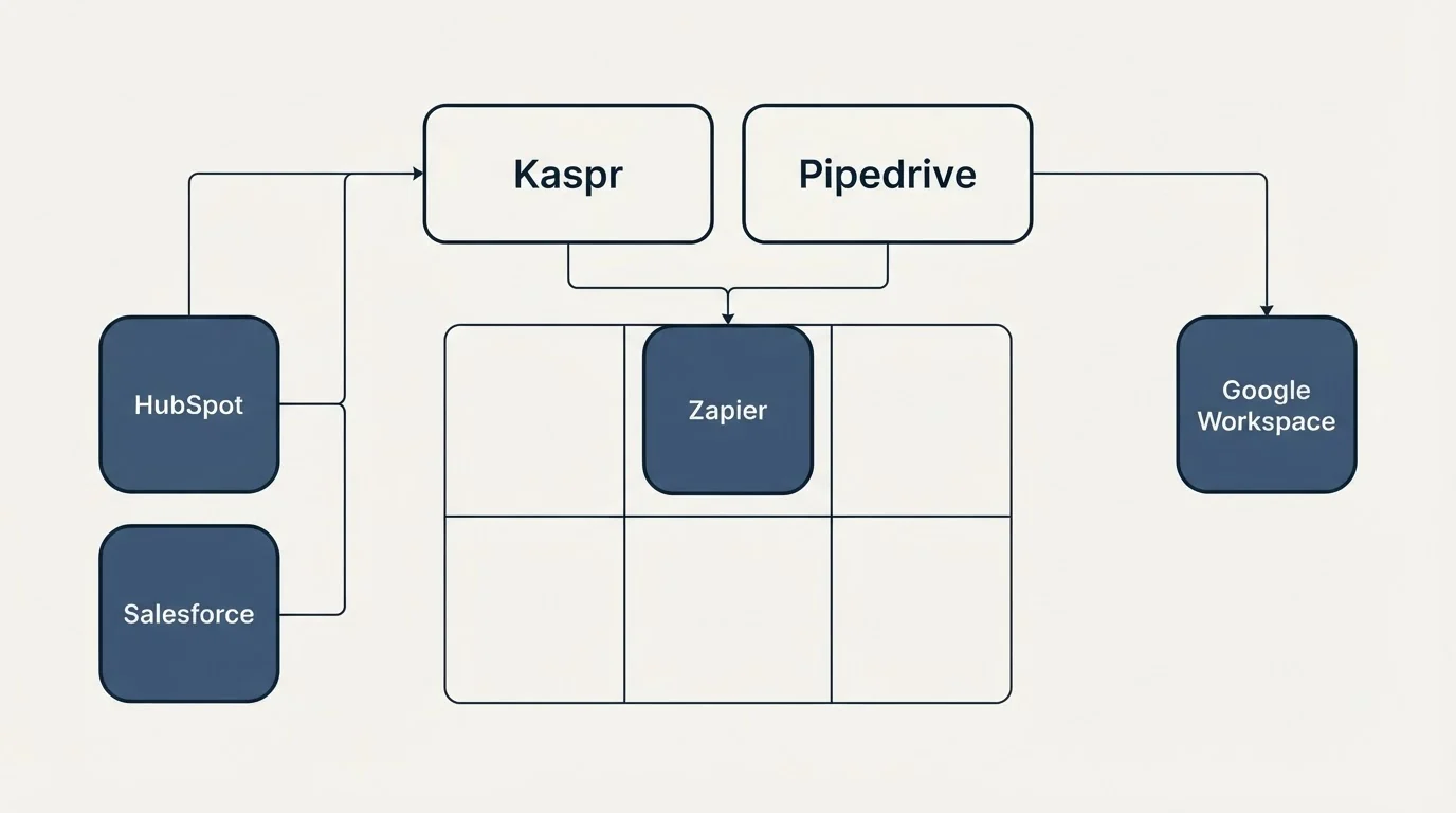 Integration grid: Integration Ecosystem (Kaspr, Pipedrive, Zapier, HubSpot)