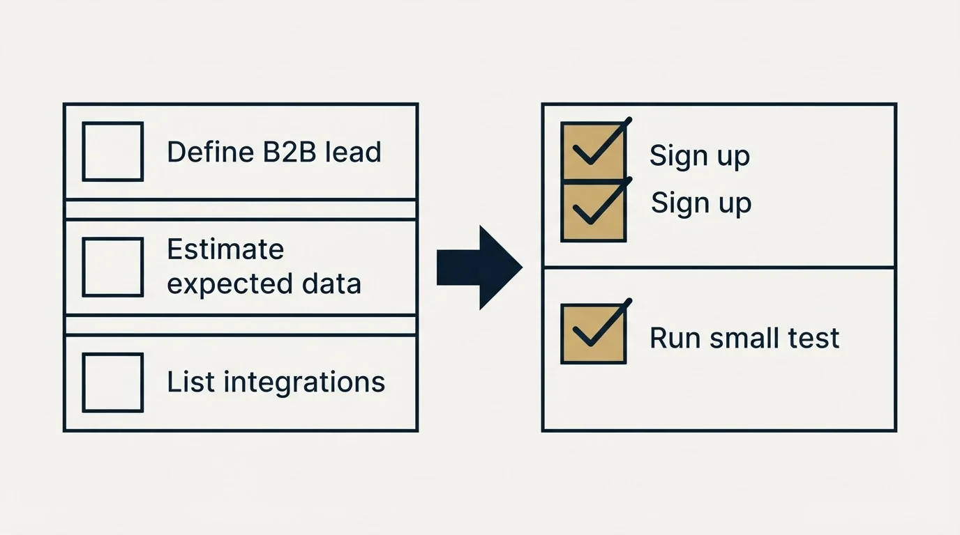 Before-and-after steps: Getting Started Checklist (Define B2B lead, Estimate expected data, List integrations, Sign up)