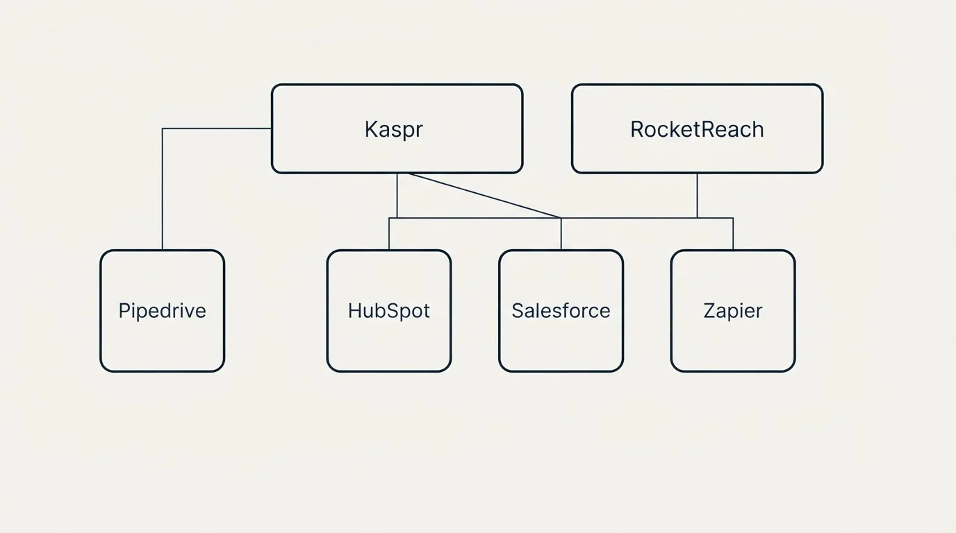 Integration grid: Integration Ecosystem (Kaspr, RocketReach, HubSpot, Salesforce)