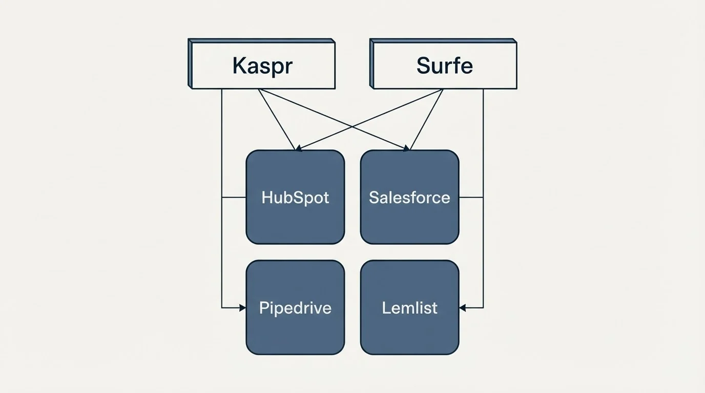 Integration grid: Integration Ecosystem (Kaspr, Surfe, HubSpot, Salesforce)