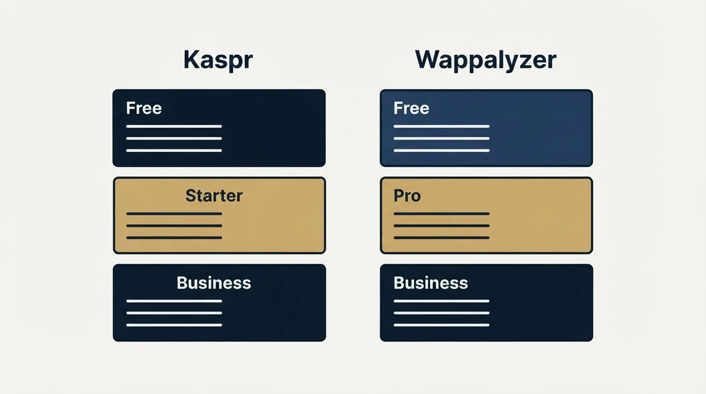 Pricing panels: Pricing Comparison (Kaspr, Wappalyzer, Free, Starter)