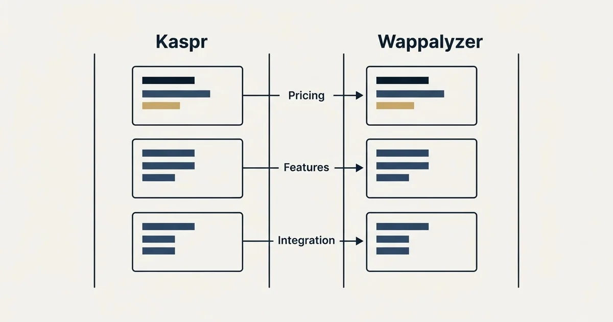 Comparison panel: Kaspr vs Wappalyzer (Pricing, Features, Integration)