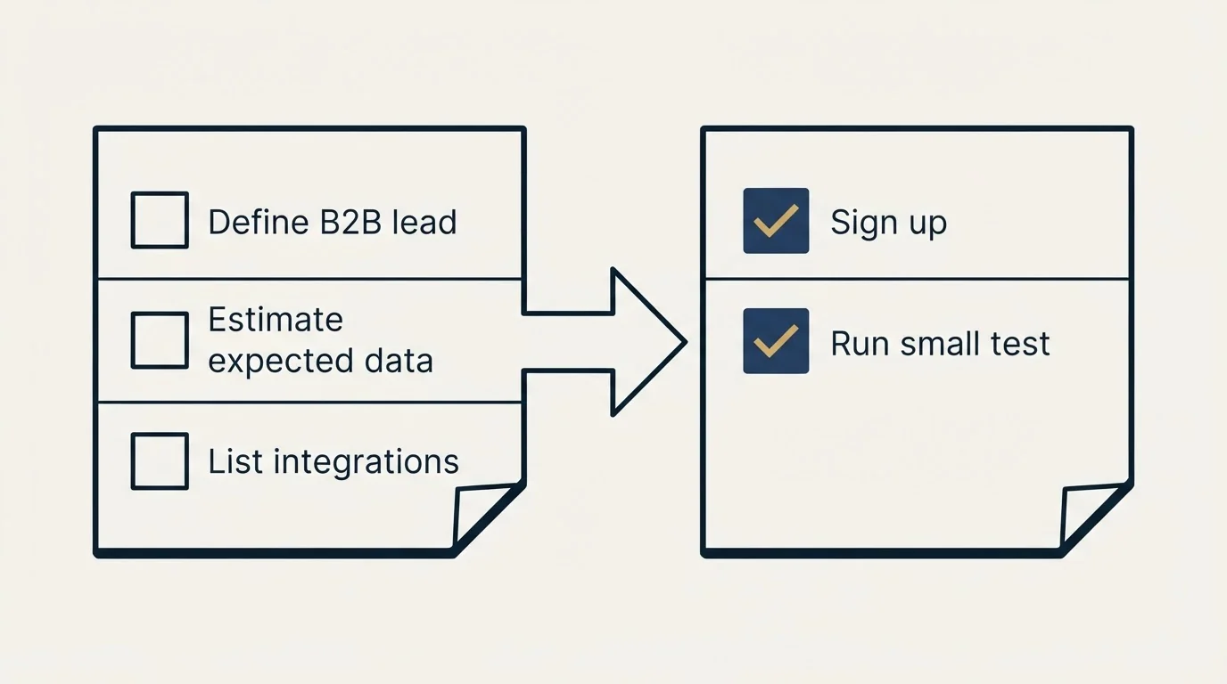 Before-and-after steps: Getting Started Checklist (Define B2B lead, Estimate expected data, List integrations, Sign up)