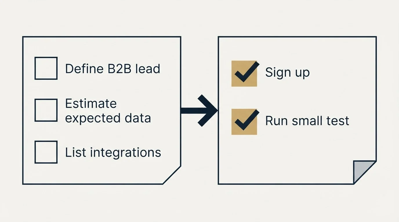 Before-and-after steps: Getting Started Checklist (Define B2B lead, Estimate expected data, List integrations, Sign up)