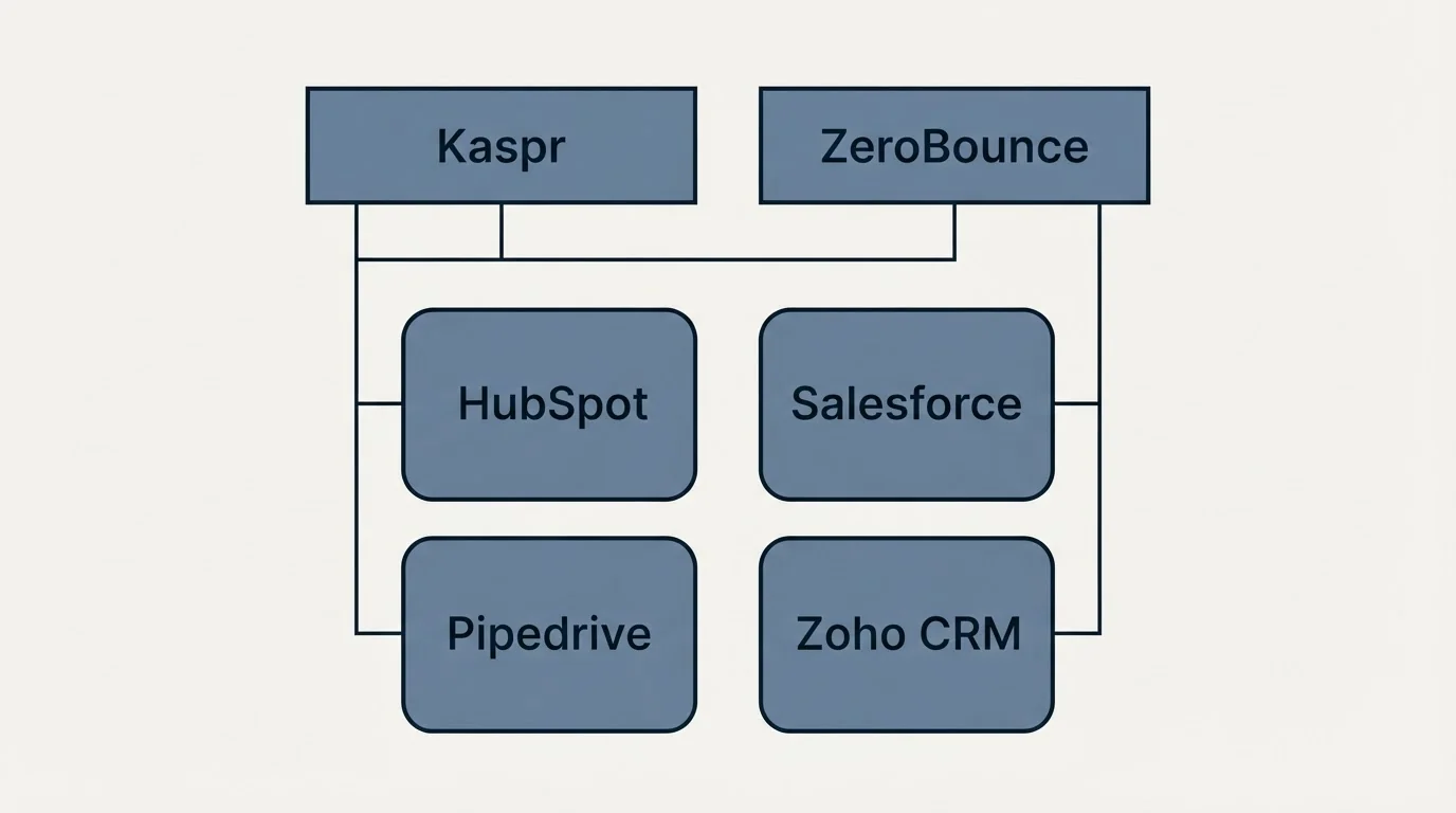 Integration grid: Integration Ecosystem (Kaspr, ZeroBounce, HubSpot, Salesforce)
