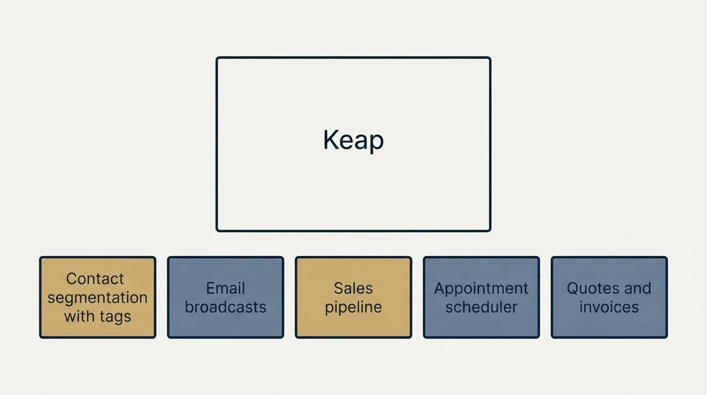 Feature grid: Features Breakdown (Keap, Contact segmentation with tags, Email broadcasts, Sales pipeline)