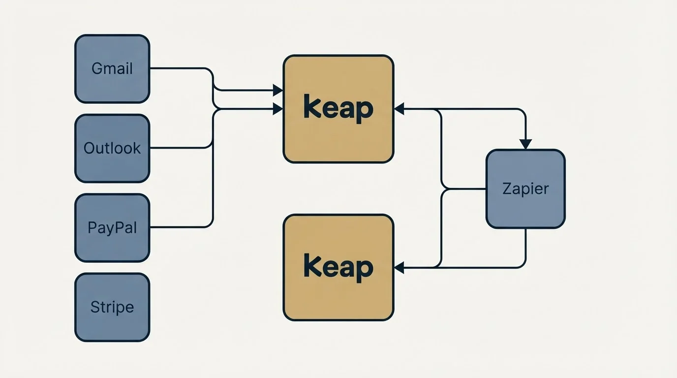 Integration schematic: Integration Ecosystem (Keap, Zapier, Gmail, Outlook)